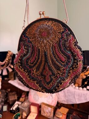 Beaded Floral Sunrise Crossbody Bag - Gold & Pink